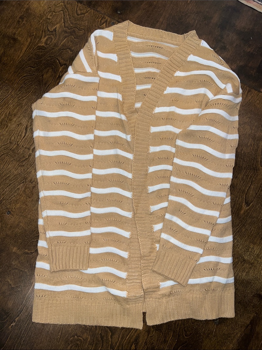 Tan and White Striped Open-Front Cardigan